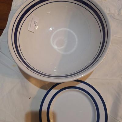 Large Italian serving bowl and 2 Mikasa saucers that are similar