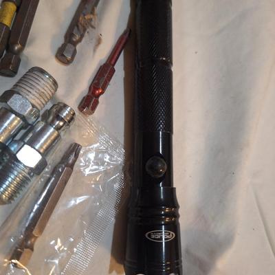 mixed lot of hand tools, crescent wrench, snips, flashlight, oil can and bits