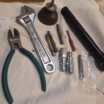 mixed lot of hand tools, crescent wrench, snips, flashlight, oil can and bits
