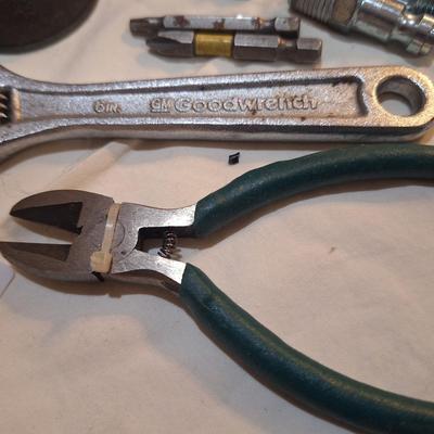 mixed lot of hand tools, crescent wrench, snips, flashlight, oil can and bits