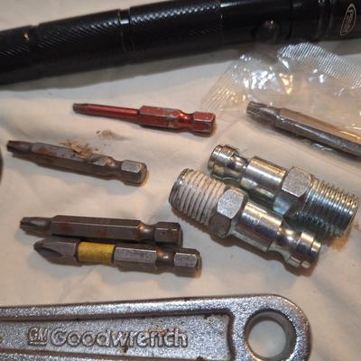 mixed lot of hand tools, crescent wrench, snips, flashlight, oil can and bits