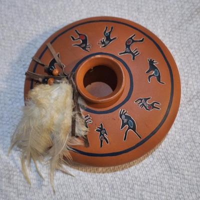 Native American style pot with Kokopelli and other symbols