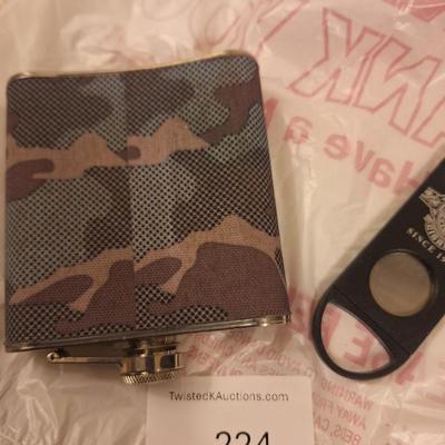 camo covered stainless steel flask and cigar cutter