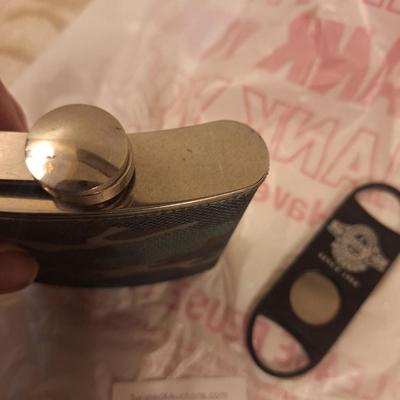 camo covered stainless steel flask and cigar cutter