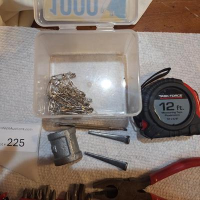 mixed lot of hand tools, tape measure, bits, and more
