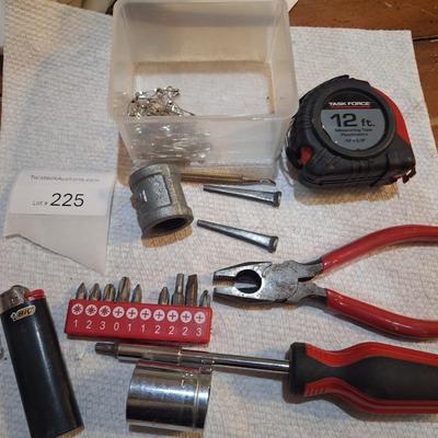 mixed lot of hand tools, tape measure, bits, and more
