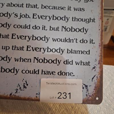 Metal sign with story about teamwork and responsibility.