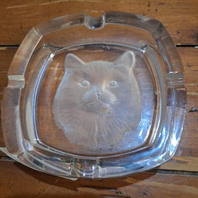 vintage Cristal d'Arques or Cristal de Sevres etched cat crystal ashtray