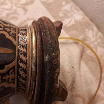 beautiful lamp with floral scroll design- the very bottom wood piece is damaged