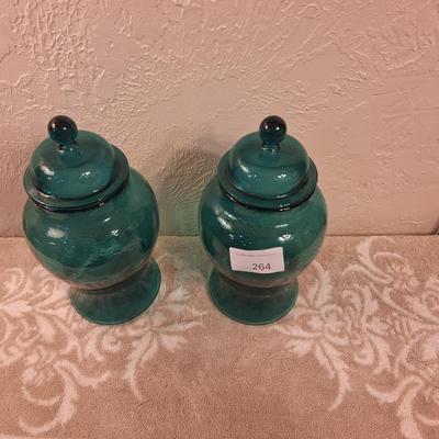 vintage teal blue or green apothecary jars canisters, one lid has damage to the seal part- see all photos.