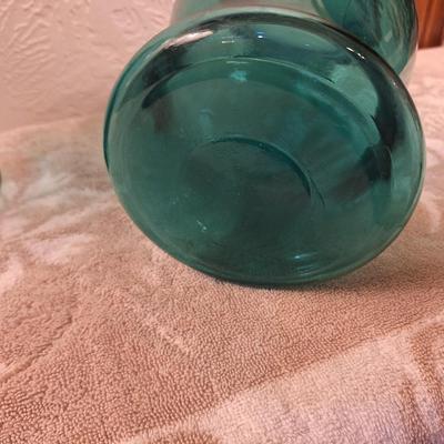 vintage teal blue or green apothecary jars canisters, one lid has damage to the seal part- see all photos.
