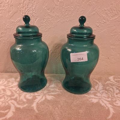 vintage teal blue or green apothecary jars canisters, one lid has damage to the seal part- see all photos.