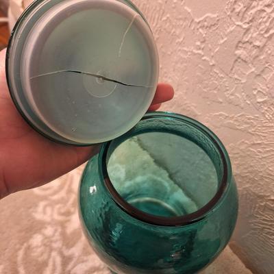 vintage teal blue or green apothecary jars canisters, one lid has damage to the seal part- see all photos.