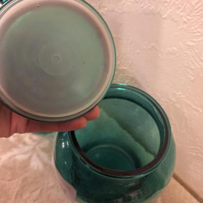vintage teal blue or green apothecary jars canisters, one lid has damage to the seal part- see all photos.