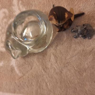 3 cat things, Indiana glass sleeping cat votive candle holder, porcelain cat with nine lives (mother only), and small resin cat
