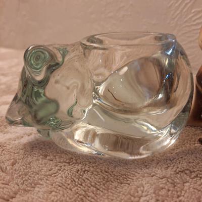 3 cat things, Indiana glass sleeping cat votive candle holder, porcelain cat with nine lives (mother only), and small resin cat
