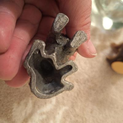 3 cat things, Indiana glass sleeping cat votive candle holder, porcelain cat with nine lives (mother only), and small resin cat