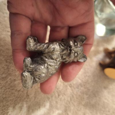 3 cat things, Indiana glass sleeping cat votive candle holder, porcelain cat with nine lives (mother only), and small resin cat