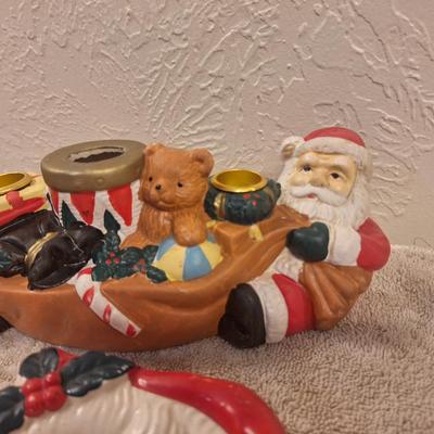 vintage ceramic santa clause candle holder and a flat ceramic dish- it has a chip on the eye