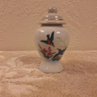 vintage mini white Chinese lidded ginger jar with a birds and flowers
