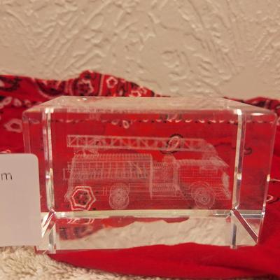 3D laser-etched crystal glass paperweight featuring a fire ladder truck