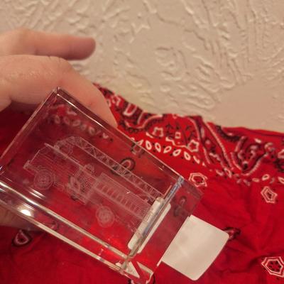 3D laser-etched crystal glass paperweight featuring a fire ladder truck