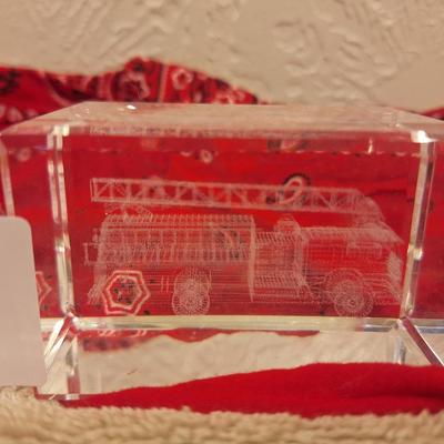 3D laser-etched crystal glass paperweight featuring a fire ladder truck