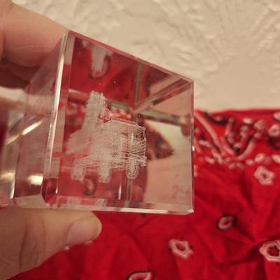 3D laser-etched crystal glass paperweight featuring a fire ladder truck