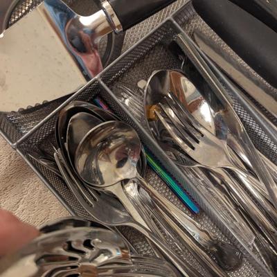 mesh steel organizer with flatware and serving utensils