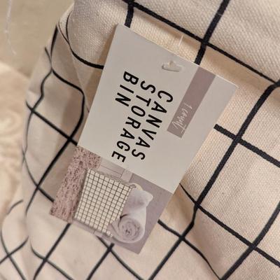 black and white grid pattern canvas storage bin.