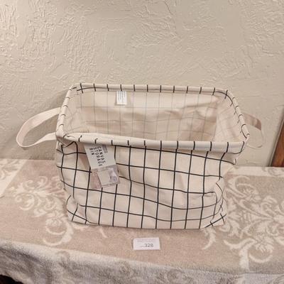 black and white grid pattern canvas storage bin.