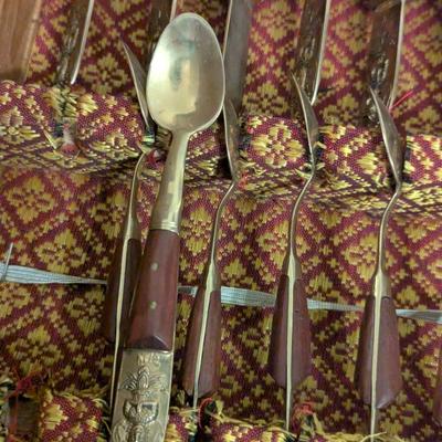 vintage Thai Siam Brass flatware set with rosewood handles in Storage box