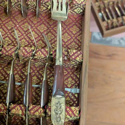 vintage Thai Siam Brass flatware set with rosewood handles in Storage box