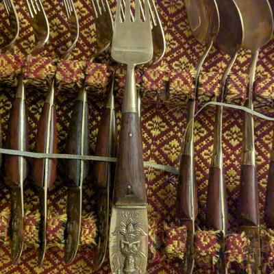 vintage Thai Siam Brass flatware set with rosewood handles in Storage box