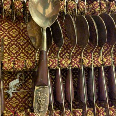 vintage Thai Siam Brass flatware set with rosewood handles in Storage box