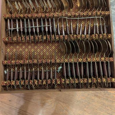 vintage Thai Siam Brass flatware set with rosewood handles in Storage box