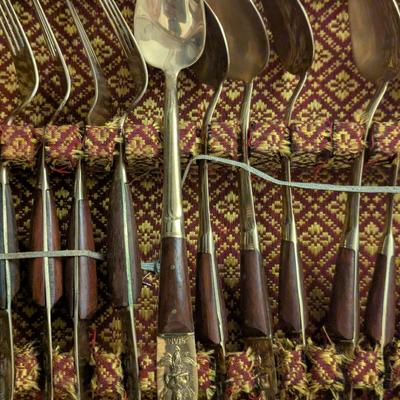 vintage Thai Siam Brass flatware set with rosewood handles in Storage box