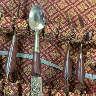 vintage Thai Siam Brass flatware set with rosewood handles in Storage box