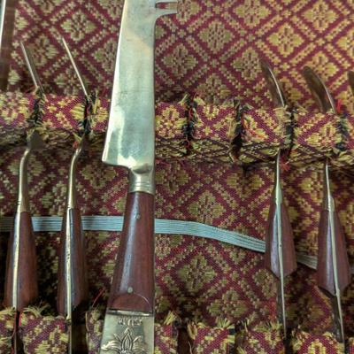 vintage Thai Siam Brass flatware set with rosewood handles in Storage box
