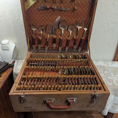 vintage Thai Siam Brass flatware set with rosewood handles in Storage box