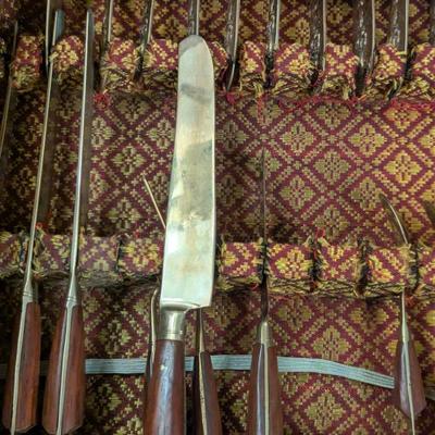 vintage Thai Siam Brass flatware set with rosewood handles in Storage box