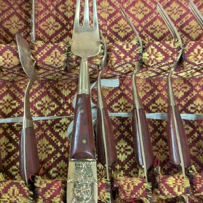 vintage Thai Siam Brass flatware set with rosewood handles in Storage box