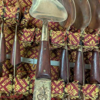 vintage Thai Siam Brass flatware set with rosewood handles in Storage box