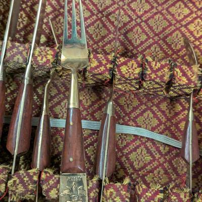 vintage Thai Siam Brass flatware set with rosewood handles in Storage box