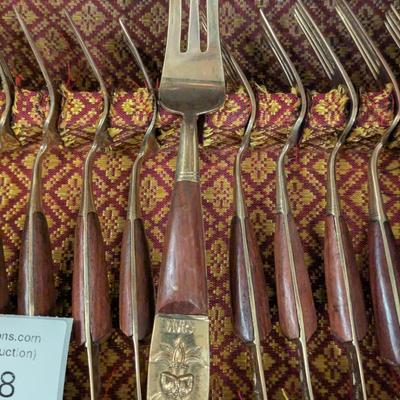 vintage Thai Siam Brass flatware set with rosewood handles in Storage box