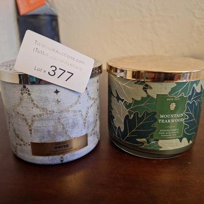 Bath & Body Works 3-wick candles: the "Winter" scent (left) and the "Mountain Teakwood" scent (right)