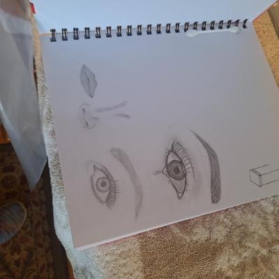 Sketchbook and a set of soft art pastels as well as some oil pastels.  The sketch book has one page with drawings on it.