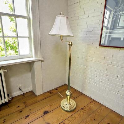Vintage Brass Swing Arm Floor Lamp With Off White Shade