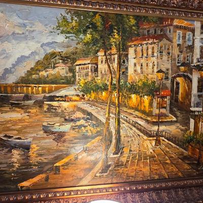 Luca DeAngelo Original Oil Painting – Large European Canal Cityscape in Ornate Gilt Frame