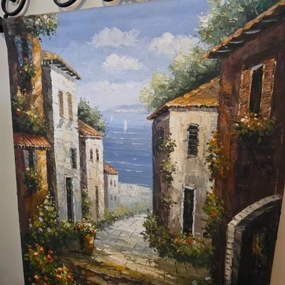 Luca DeAngelo Original Oil Painting – Large European Canal Cityscape in Ornate Gilt Frame